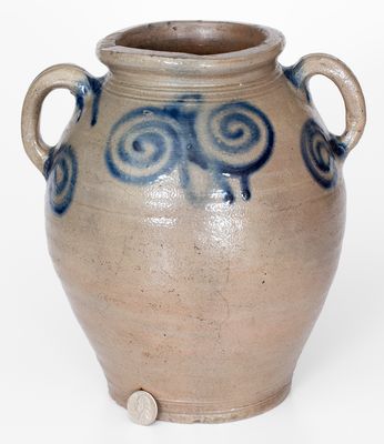 Fine Vertical-Handled Stoneware Jar w/ Watch Spring Motif, probably Manhattan, 18th century