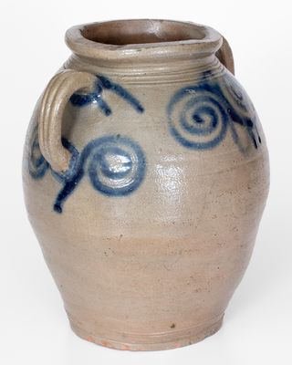 Fine Vertical-Handled Stoneware Jar w/ Watch Spring Motif, probably Manhattan, 18th century