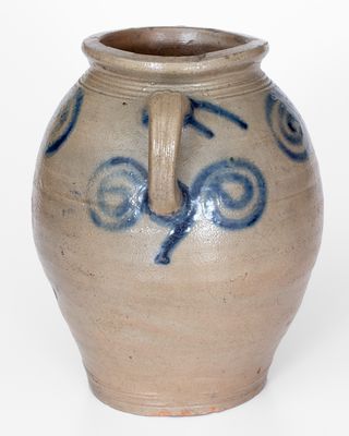 Fine Vertical-Handled Stoneware Jar w/ Watch Spring Motif, probably Manhattan, 18th century