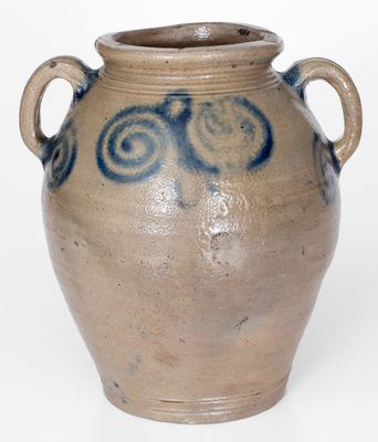 Fine Vertical-Handled Stoneware Jar w/ Watch Spring Motif, probably Manhattan, 18th century