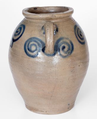 Fine Vertical-Handled Stoneware Jar w/ Watch Spring Motif, probably Manhattan, 18th century