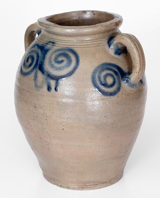 Fine Vertical-Handled Stoneware Jar w/ Watch Spring Motif, probably Manhattan, 18th century