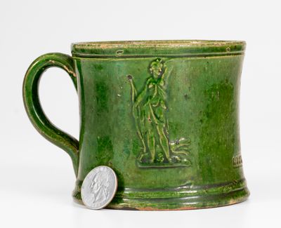 Possibly Unique J. BELL Copper-Glazed Redware Mug w/ Diana Motif, John Bell, Waynesboro, PA