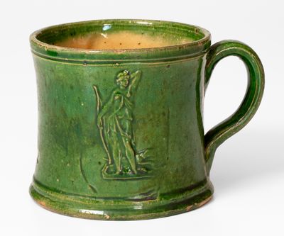 Possibly Unique J. BELL Copper-Glazed Redware Mug w/ Diana Motif, John Bell, Waynesboro, PA