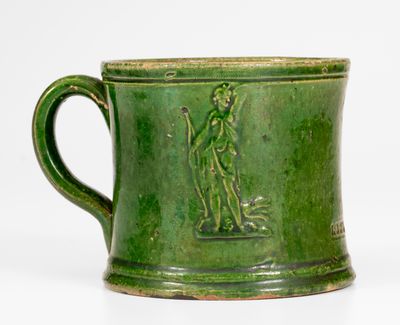 Possibly Unique J. BELL Copper-Glazed Redware Mug w/ Diana Motif, John Bell, Waynesboro, PA