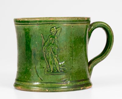 Possibly Unique J. BELL Copper-Glazed Redware Mug w/ Diana Motif, John Bell, Waynesboro, PA