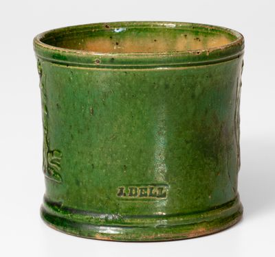 Possibly Unique J. BELL Copper-Glazed Redware Mug w/ Diana Motif, John Bell, Waynesboro, PA