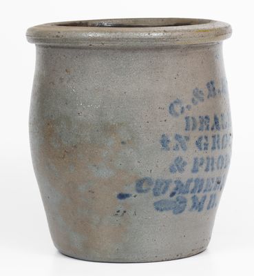 Cumberland, Maryland Stoneware Advertising Jar, Western PA origin, c1875