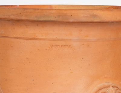 Very Rare Redware Umbrella Stand w/ Lion s Head Handles, Stamped Twice JOHN BELL / WAYNESBORO