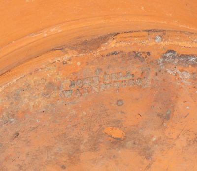 Very Rare Redware Umbrella Stand w/ Lion s Head Handles, Stamped Twice JOHN BELL / WAYNESBORO