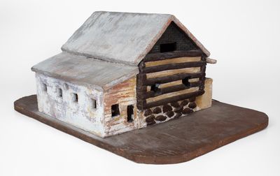 Painted Redware Sculpture of a Log Cabin, American, late 19th or 20th century