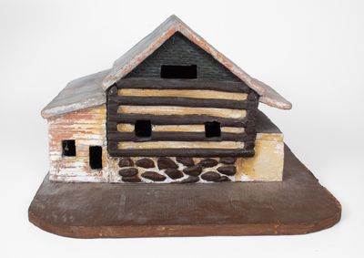 Painted Redware Sculpture of a Log Cabin, American, late 19th or 20th century