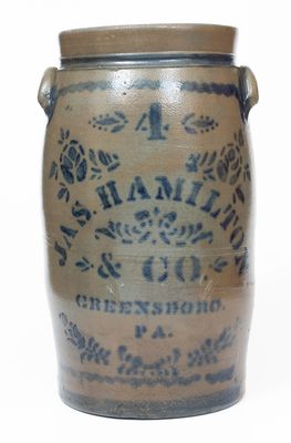 Four-Gallon JAS. HAMILTON & CO. / GREENSBORO, PA. Cobalt-Decorated Stoneware Churn