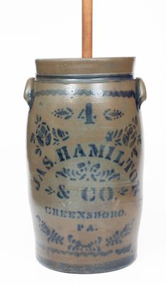 Four-Gallon JAS. HAMILTON & CO. / GREENSBORO, PA. Cobalt-Decorated Stoneware Churn