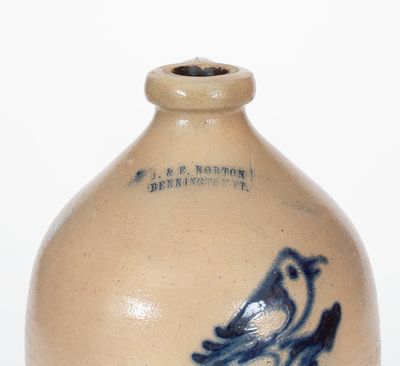 J. & E. NORTON / BENNNGTON, VT Stoneware Jug w/ Cobalt Bird on Branch Design