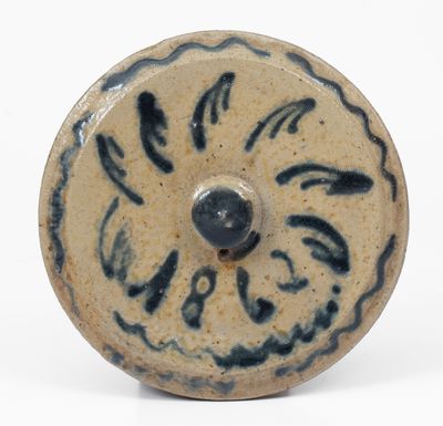 Rare Cobalt-Decorated Stoneware Lid, Dated 1862, Northeastern U.S. origin