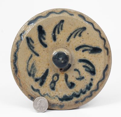 Rare Cobalt-Decorated Stoneware Lid, Dated 1862, Northeastern U.S. origin