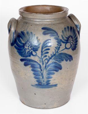 Rare and Fine Four-Gallon Baltimore Stoneware Jar with Elaborate Spotted Floral Decoration