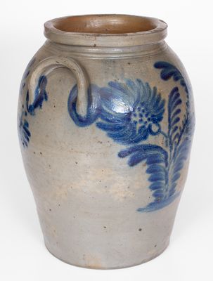 Rare and Fine Four-Gallon Baltimore Stoneware Jar with Elaborate Spotted Floral Decoration