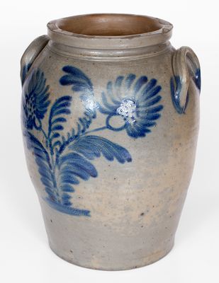 Rare and Fine Four-Gallon Baltimore Stoneware Jar with Elaborate Spotted Floral Decoration