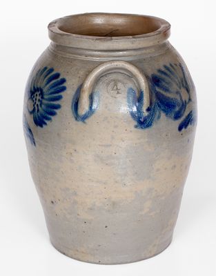 Rare and Fine Four-Gallon Baltimore Stoneware Jar with Elaborate Spotted Floral Decoration