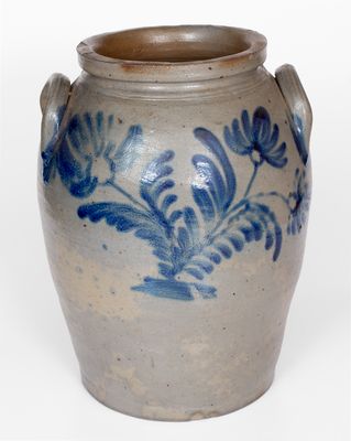 Rare and Fine Four-Gallon Baltimore Stoneware Jar with Elaborate Spotted Floral Decoration