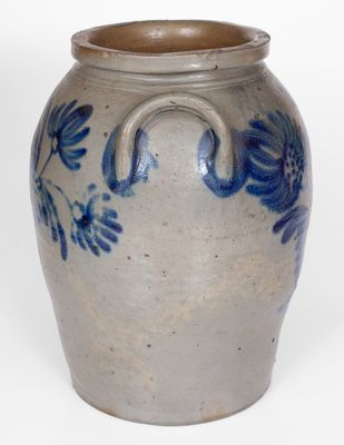 Rare and Fine Four-Gallon Baltimore Stoneware Jar with Elaborate Spotted Floral Decoration