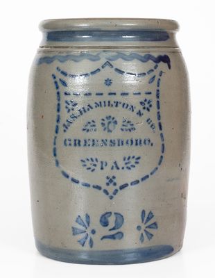 JAS. HAMILTON & CO. / GREENSBORO / PA Two-Gallon Cobalt-Decorated Stoneware Jar