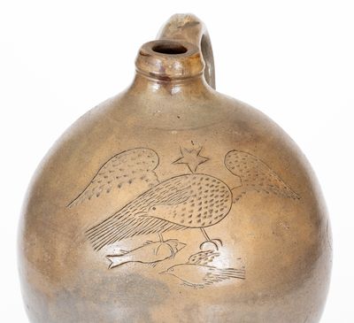 Rare Two-Gallon Stoneware Jug with Incised Eagle, Fish, and Bird Decorations, circa 1825