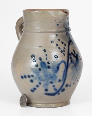 Small-Sized Stoneware Pitcher w/ Elaborate Cobalt Floral Decoration, Northeastern United States