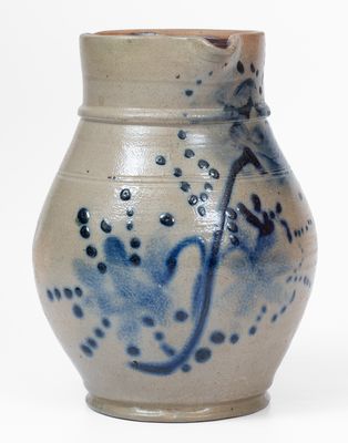 Small-Sized Stoneware Pitcher w/ Elaborate Cobalt Floral Decoration, Northeastern United States