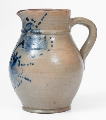 Small-Sized Stoneware Pitcher w/ Elaborate Cobalt Floral Decoration, Northeastern United States