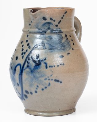 Small-Sized Stoneware Pitcher w/ Elaborate Cobalt Floral Decoration, Northeastern United States