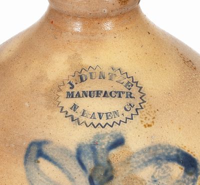 J. DUNTZE / MANUFACTR. / N. HAVEN, Ct. Stoneware Jug w/ Cobalt Floral Decoration