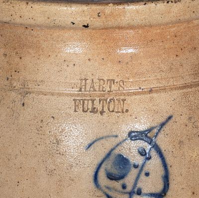 Very Rare HART S / FULTON, NY Two-Gallon Stoneware Jar w/ Cobalt Figural Decoration