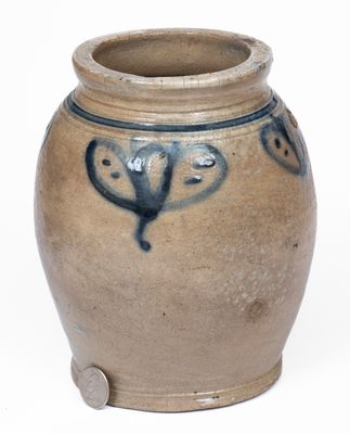 Very Rare Small-Sized Manhattan Stoneware Jar w/ Slip-Trailed Floral Decoration, mid 18th century