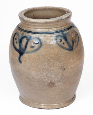 Very Rare Small-Sized Manhattan Stoneware Jar w/ Slip-Trailed Floral Decoration, mid 18th century