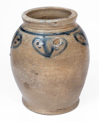 Very Rare Small-Sized Manhattan Stoneware Jar w/ Slip-Trailed Floral Decoration, mid 18th century