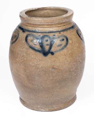 Very Rare Small-Sized Manhattan Stoneware Jar w/ Slip-Trailed Floral Decoration, mid 18th century