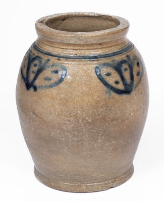 Very Rare Small-Sized Manhattan Stoneware Jar w/ Slip-Trailed Floral Decoration, mid 18th century