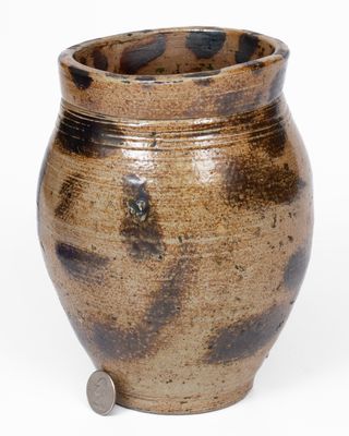 Rare Small-Sized Connecticut Stoneware Jar w/ Elaborate Brown Slip Brushwork, early 19th century