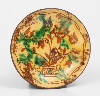 Redware Plate w/ Elaborate Sgraffito Flowering Urn Decoration, attrib. Jacob Medinger, Montgomery Co, PA