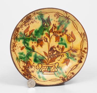 Redware Plate w/ Elaborate Sgraffito Flowering Urn Decoration, attrib. Jacob Medinger, Montgomery Co, PA