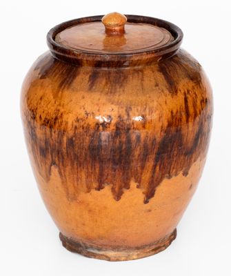 Fine Bristol County, MA Redware Lidded Jar w/ Manganese Decoration, late 18th / early 19th century