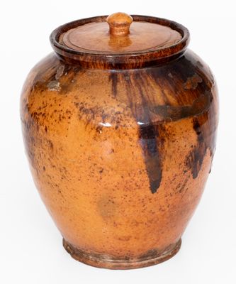 Fine Bristol County, MA Redware Lidded Jar w/ Manganese Decoration, late 18th / early 19th century