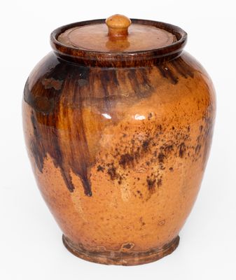 Fine Bristol County, MA Redware Lidded Jar w/ Manganese Decoration, late 18th / early 19th century