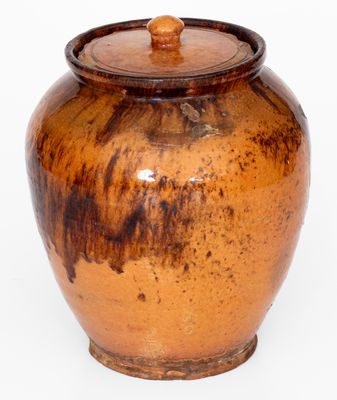 Fine Bristol County, MA Redware Lidded Jar w/ Manganese Decoration, late 18th / early 19th century