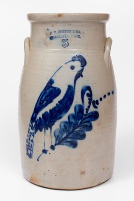 F.B. NORTON & CO. / WORCESTER, MASS. Stoneware Churn w/ Parrot Decoration, 1858-1877