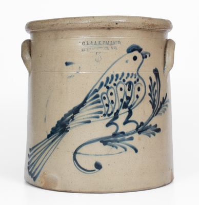 Five-Gallon O.L. & A.K. BALLARD / BURLINGTON, VT Crock w/ Elaborate Cobalt Bird Decoration