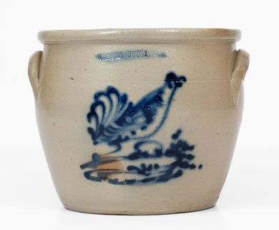 Exceptional WHITE S UTICA One-Gallon Stoneware Jar w/ Cobalt Rooster Decoration